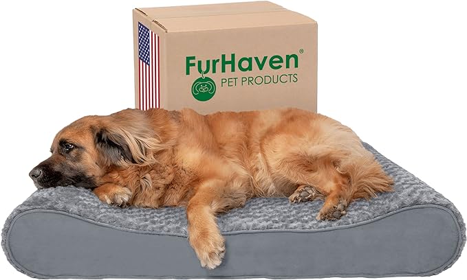 Dog relaxing on a gray bed with a FurHaven box, showcasing Black Friday dog bed deals. Dog relaxing on a gray bed with a FurHaven box, showcasing Black Friday dog bed deals.