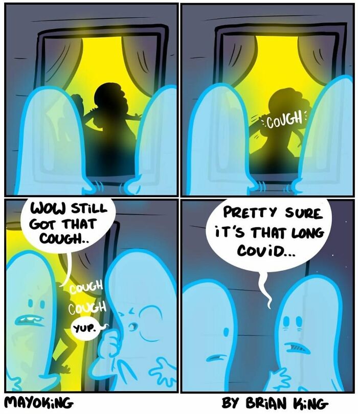 Two ghosts discussing a cough outside a window in a humorous comic by Brian King.