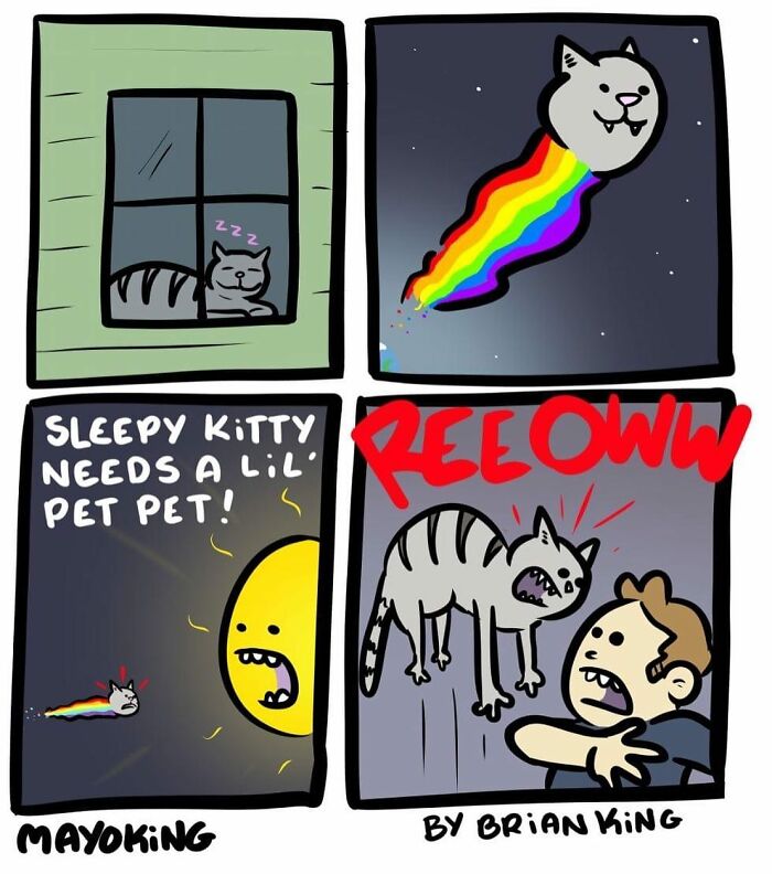 Cartoon by Brian King showing a cat dreaming, flying on a rainbow, then startled awake by a person. Humorous and relatable.
