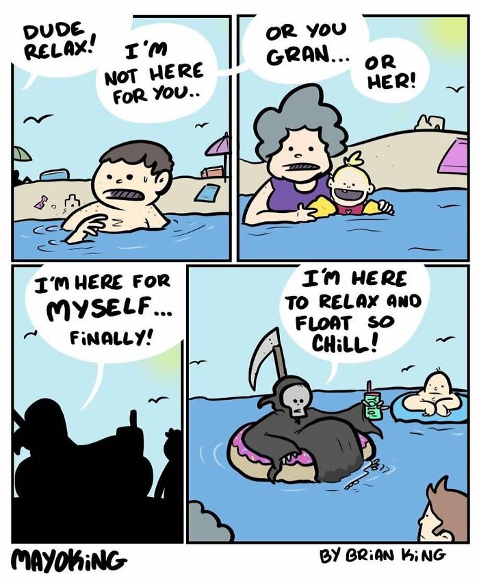 A humorous comic by Brian King featuring a grim reaper relaxing on an inflatable in a pool.