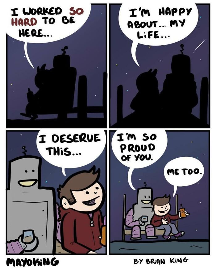 Robot and person on a swing at night, sharing drinks and expressing pride and happiness, by Brian King comics.