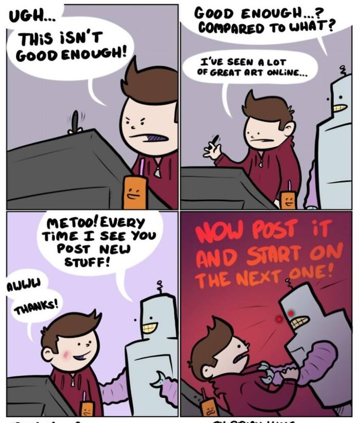 Artist feeling insecure about his art as a robot encourages him humorously, reflecting relatable comic themes.