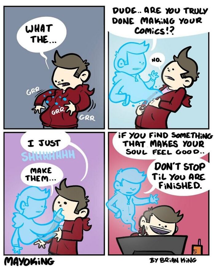 Humorous comic by Brian King showing a character inspired and encouraged by their creative soul.