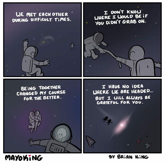 Two astronauts in space, bonding and expressing gratitude in a comic by Brian King.