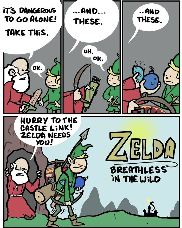 Comic strip by Brian King humorously depicting a character overloaded with gear, parodying a popular game.