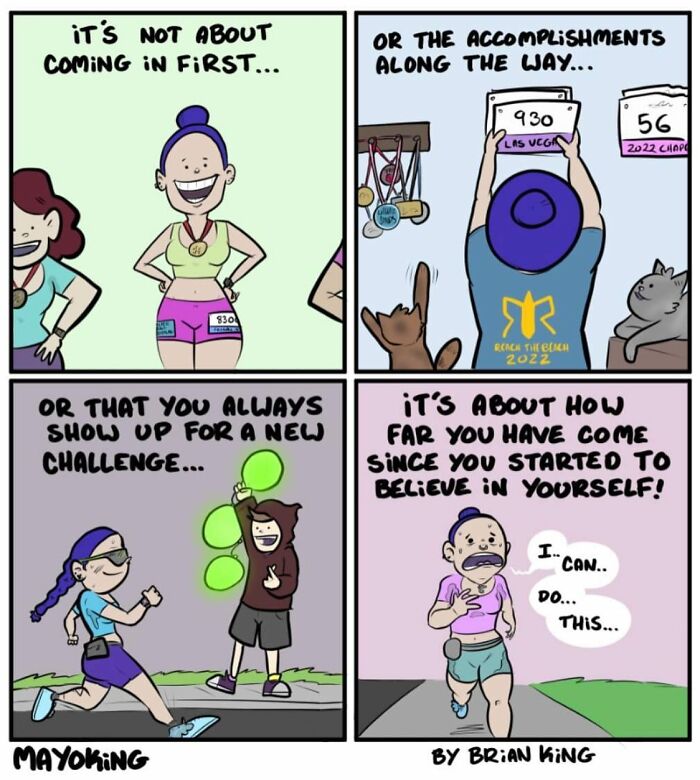 Comics by Brian King illustrating motivation and personal growth with humorous, relatable characters.