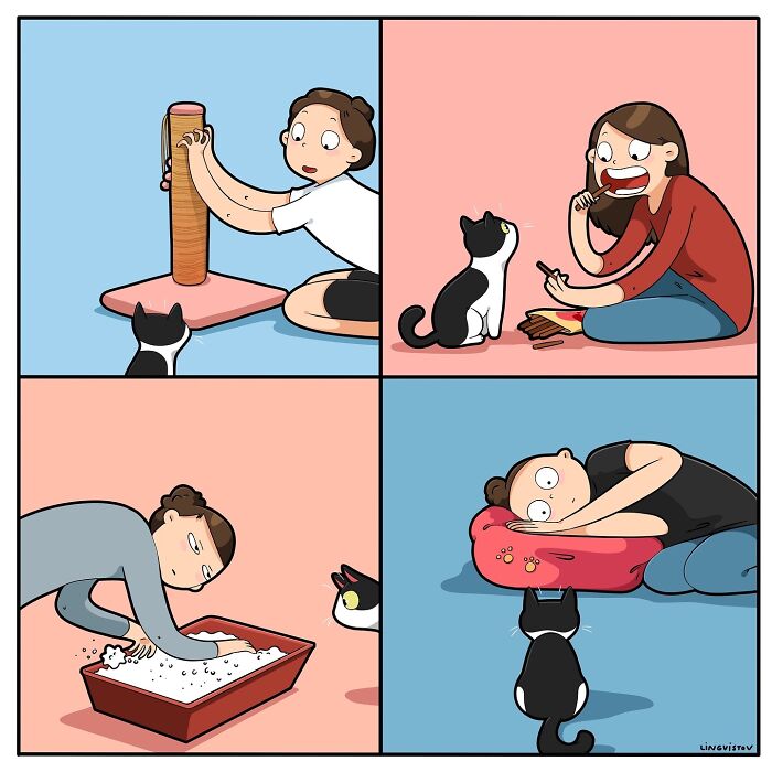 Artist illustrates what it's like to live with a cat through four humorous scenes of daily cat interactions and care.