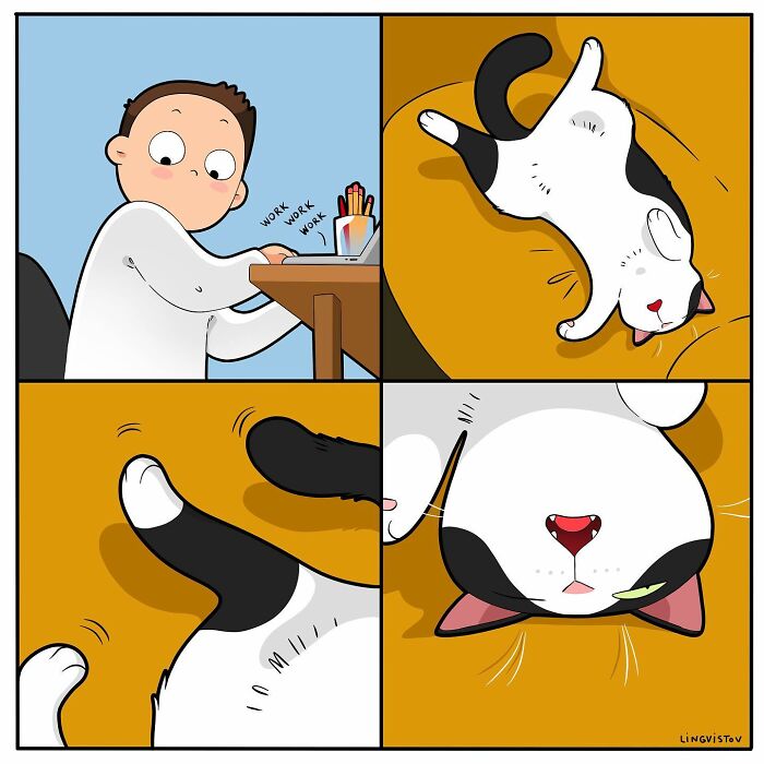 Artist illustrates what it's like to live with a cat showing a cat stretching and interrupting work at a desk.