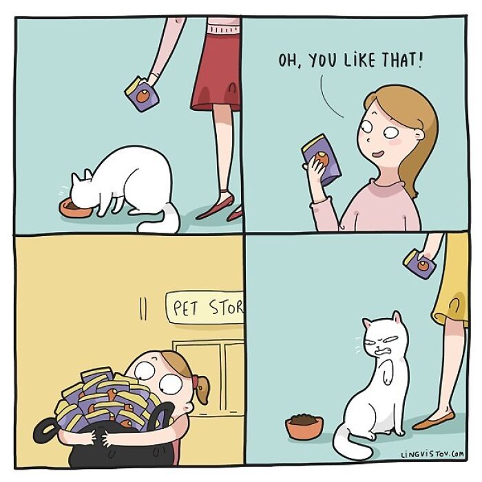 Comic illustrating life with a cat showing feeding, excitement, overbuying treats, and a cat’s unimpressed reaction.