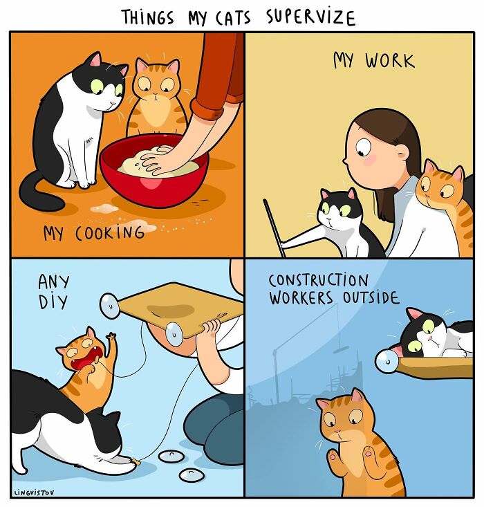 Cartoon illustrating what it’s like to live with a cat, showing cats supervising cooking, work, DIY projects, and construction noise.