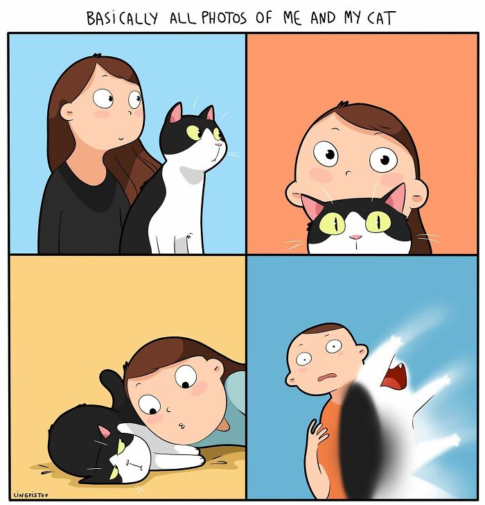 Cartoon illustration showing funny moments of living with a cat featuring a person and a black-and-white cat.