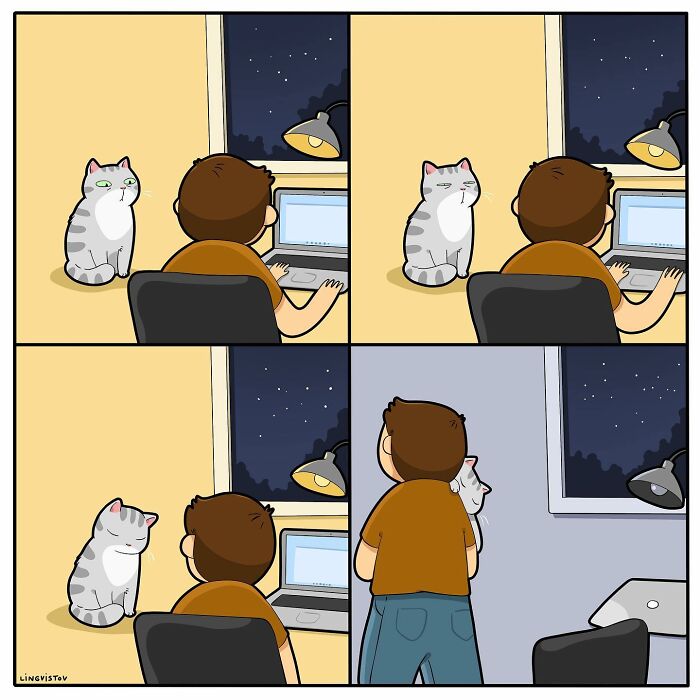 Cartoon illustrating what it's like to live with a cat, showing a man working on a laptop while a cat watches and interacts.