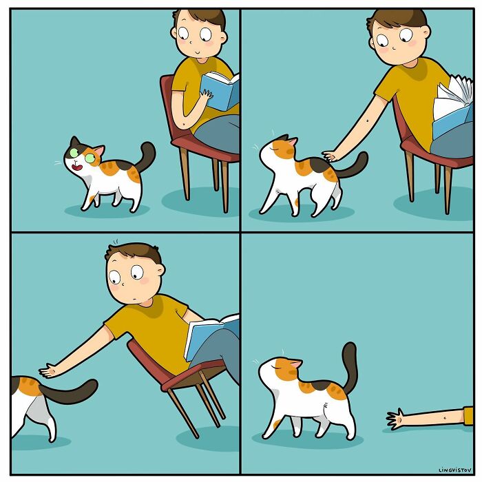 Comic illustration showing the daily interaction between a person and a playful cat, depicting what it's like living with a cat.