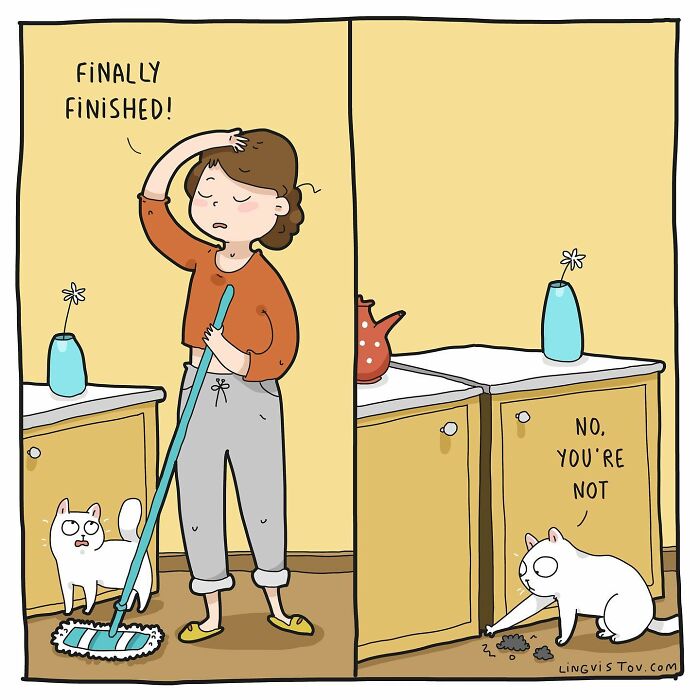 Woman cleaning floor with mop looking tired, while cat plays with dirt, illustrating what it's like to live with a cat.