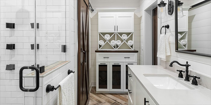 Photo of white interior bathroom.
