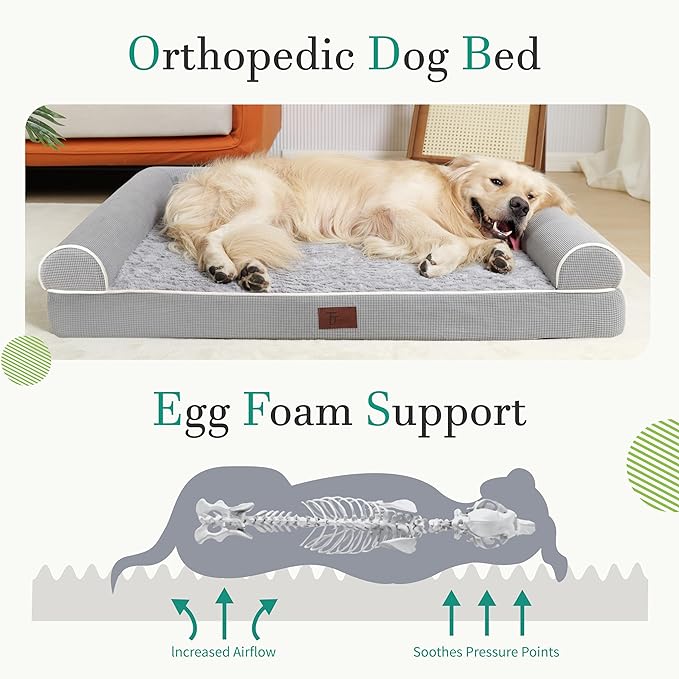 Golden retriever relaxing on an orthopedic dog bed with egg foam support. Golden retriever relaxing on an orthopedic dog bed with egg foam support.