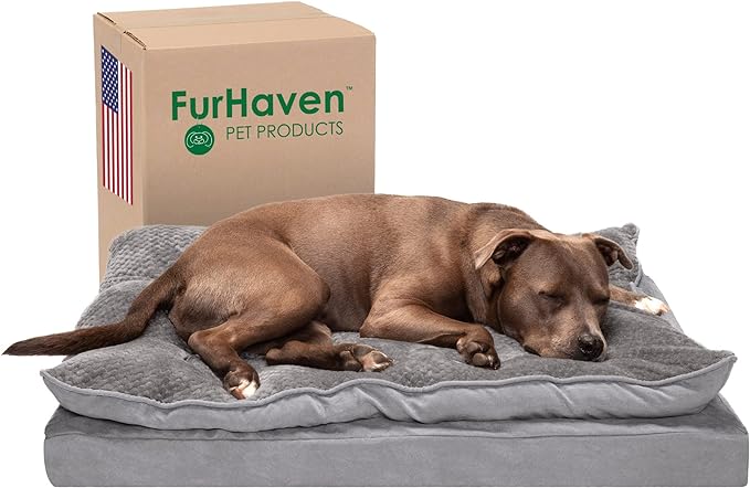 Dog sleeping on a gray bed in front of a FurHaven box, highlighting Black Friday deals. Dog sleeping on a gray bed in front of a FurHaven box, highlighting Black Friday deals.
