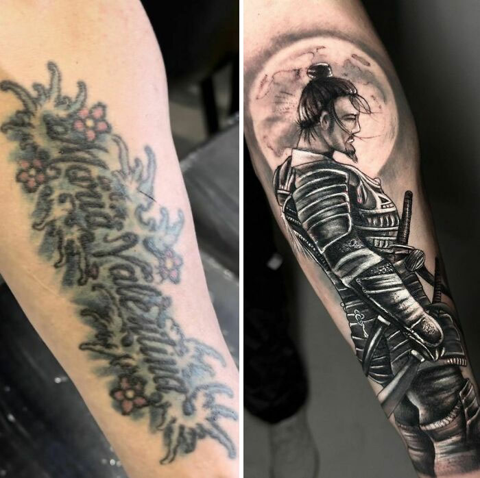 Tattoo regret transformed into detailed samurai artwork on arm.