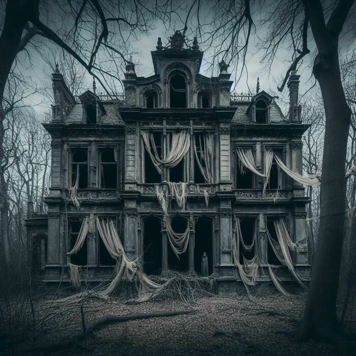 Old Mansion With Creepy Figure In The Door Frame