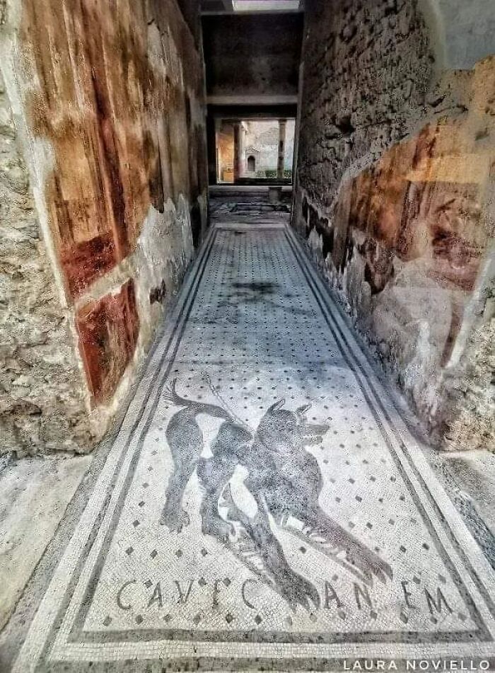 Roman Mosaic At Entrance To House Of Tragic Poet In Ruins Of Pompeii, Which Was Destroyed In 79 Ad.