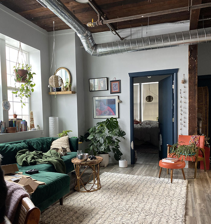 Spacious grey room with blue doors featuring creative wall art ideas, cozy furniture, and lush green plants for a stylish space.