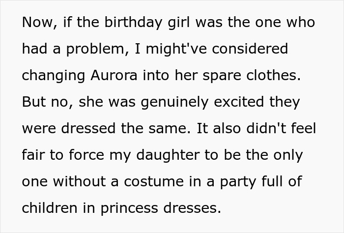 Text excerpt from a woman explaining why she refused to change her daughter&rsquo;s dress at a birthday party.