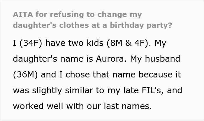 Text excerpt discussing a woman refusing to change her daughter&rsquo;s dress, causing conflict at a birthday party.