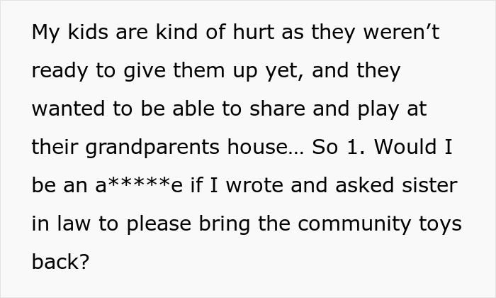 SIL Freaks After Parents Take Back Toys Meant For Everyone That She Poached SIL Freaks After Parents Take Back Toys Meant For Everyone That She Poached