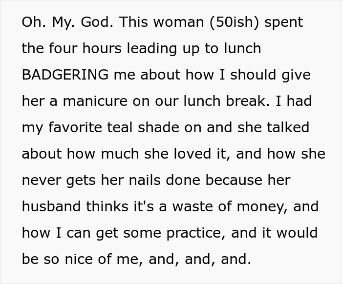 "She's Being A Complete Clown": Woman Is Furious And Offended Coworker Won't Give Free Manicure