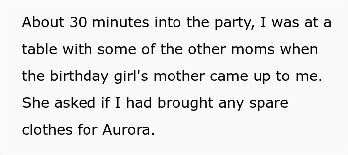 Text excerpt from a birthday party conversation where a mom refuses to change her daughter's dress despite pressure.