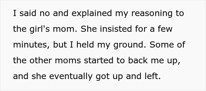 Woman refuses to change daughter&rsquo;s dress to satisfy entitled mom at birthday party, causing conflict among parents.