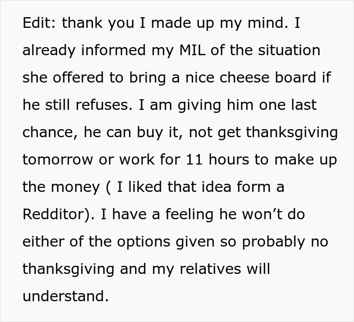 Text post discussing a 16-year-old who devoured $70 worth of charcuterie meant for Thanksgiving and repayment options. Text post discussing a 16-year-old who devoured $70 worth of charcuterie meant for Thanksgiving and repayment options.
