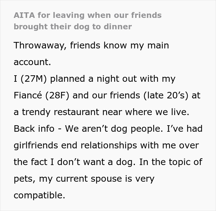 "[Am I The Jerk] For Leaving When Our Friends Brought Their Dog To Dinner?"