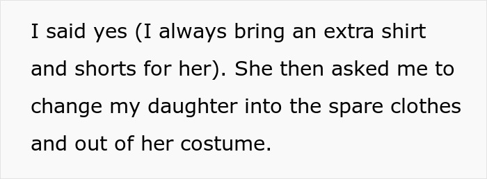Text describing a woman refusing to change her daughter&rsquo;s dress despite pressure from an entitled mom at a birthday party.