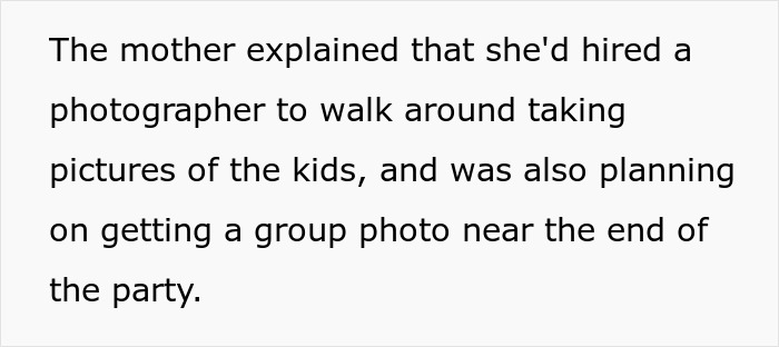 Mother hires photographer to capture kids and plans a group photo, amid conflict over daughter's dress at birthday party.