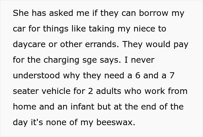 "Sister Says They Can No Longer Afford Gas": Woman Begs Bro To Use His Electric Car, Gets A No "Sister Says They Can No Longer Afford Gas": Woman Begs Bro To Use His Electric Car, Gets A No