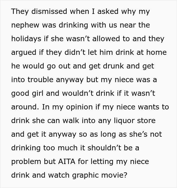 Parents Are Livid Aunt Didn’t Stop 23 Y.O. Niece From Drinking Beer And Watching A “Dirty” Movie Parents Are Livid Aunt Didn’t Stop 23 Y.O. Niece From Drinking Beer And Watching A “Dirty” Movie