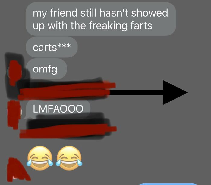 Text message conversation showing autocorrect mistake from "carts" to "farts" with laughing emojis, illustrating autocorrect errors.