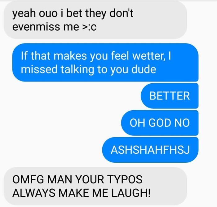 Text conversation showing autocorrect typos causing confusion and laughter, illustrating autocorrect failures in messaging.