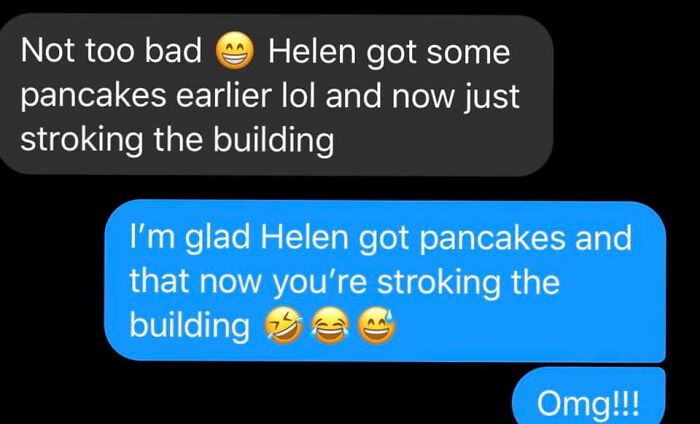 Text message exchange showing autocorrect fail with phrase stroking the building, highlighting autocorrect mistakes humor.