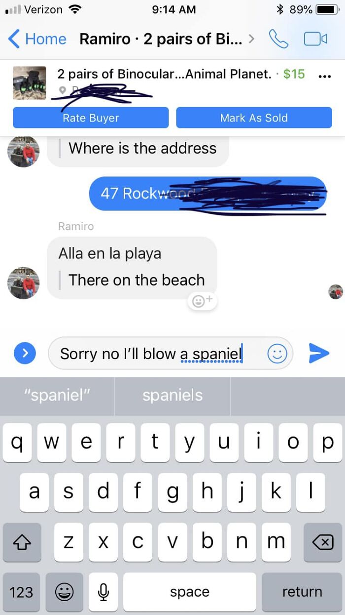 Chat conversation showing a humorous autocorrect fail while discussing 2 pairs of binoculars and location details.