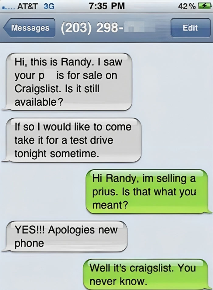 Text message conversation showing autocorrect errors causing confusion in a Craigslist sale inquiry about a Prius car.