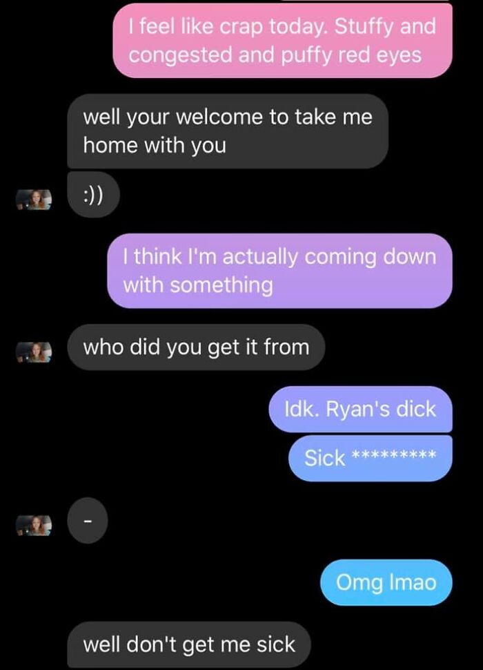 Text message conversation showing autocorrect errors causing humorous misunderstandings about feeling sick and catching something.