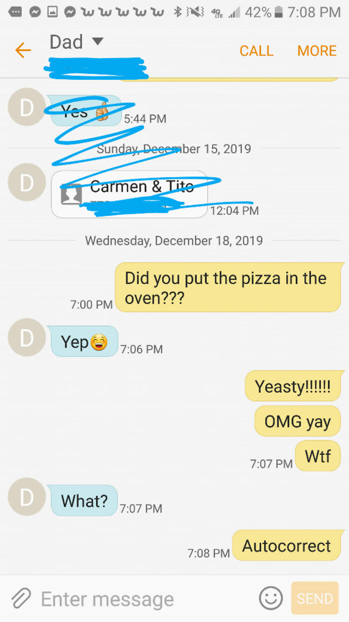 Text message conversation showing an autocorrect mistake about pizza with funny responses and emojis.