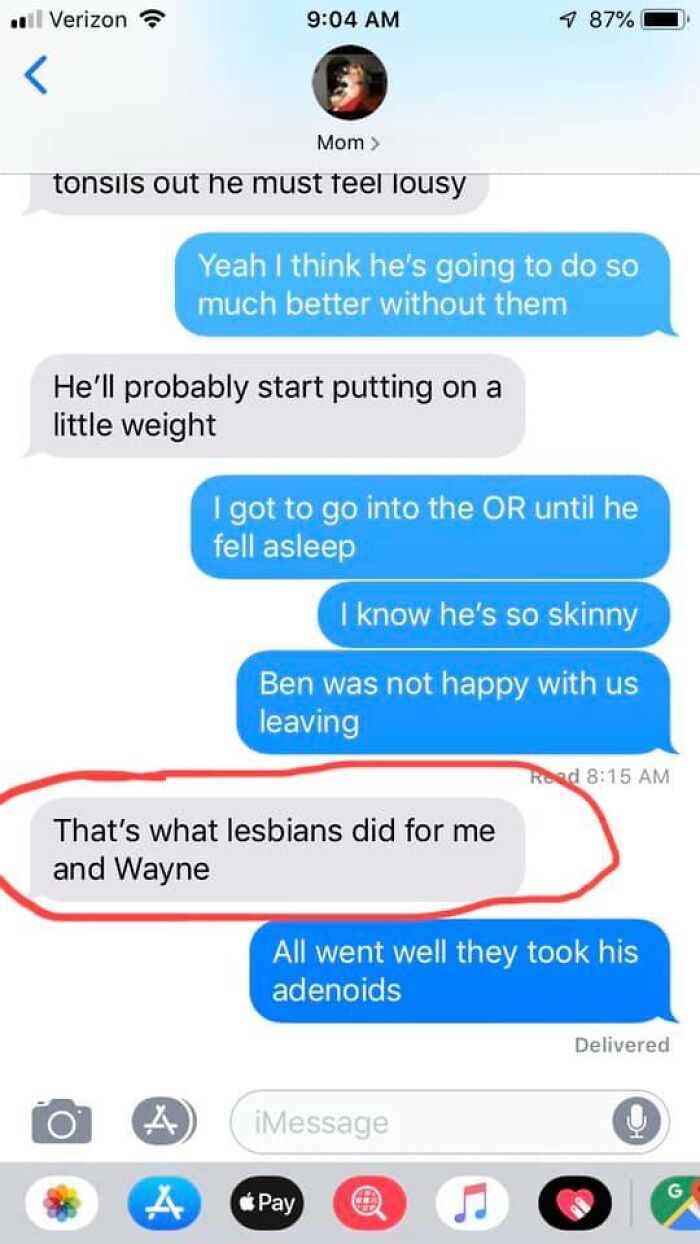 Text message screenshot showing autocorrect error replacing adenoids with lesbians, highlighting autocorrect mistakes humorously.