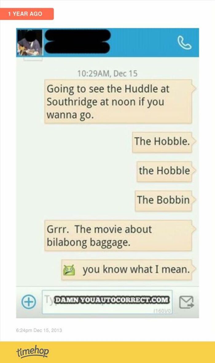 Text conversation showing multiple autocorrect errors making a message confusing and humorous about a movie title.