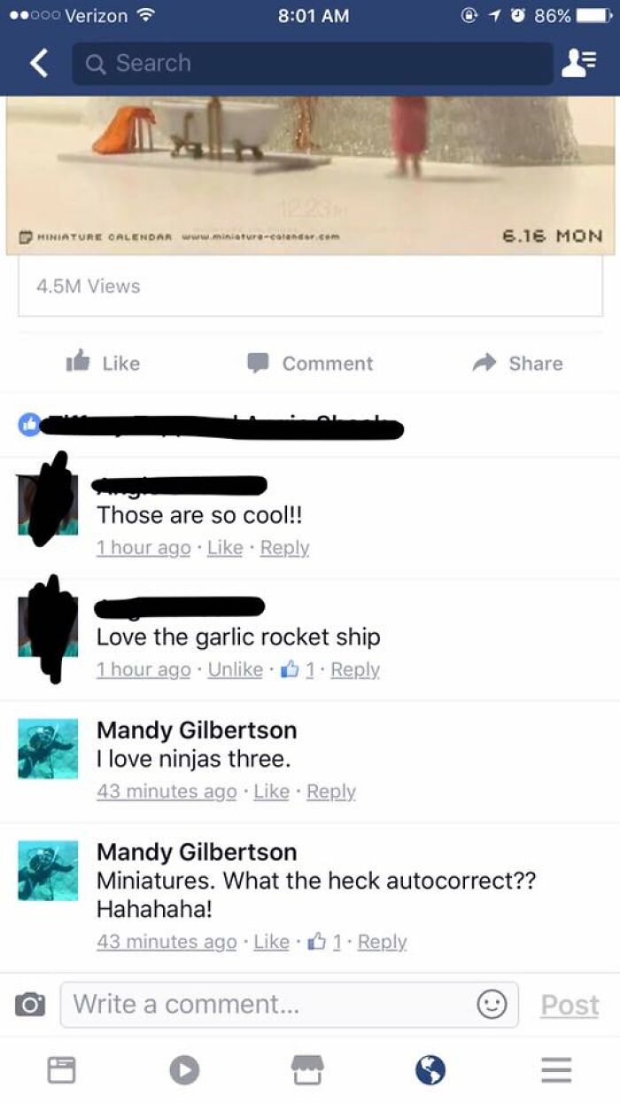 Facebook comments showing humorous autocorrect mistakes in casual text conversations about miniatures.