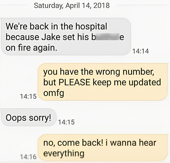 Text message exchange showing an autocorrect mishap causing confusion and a humorous hospital update.