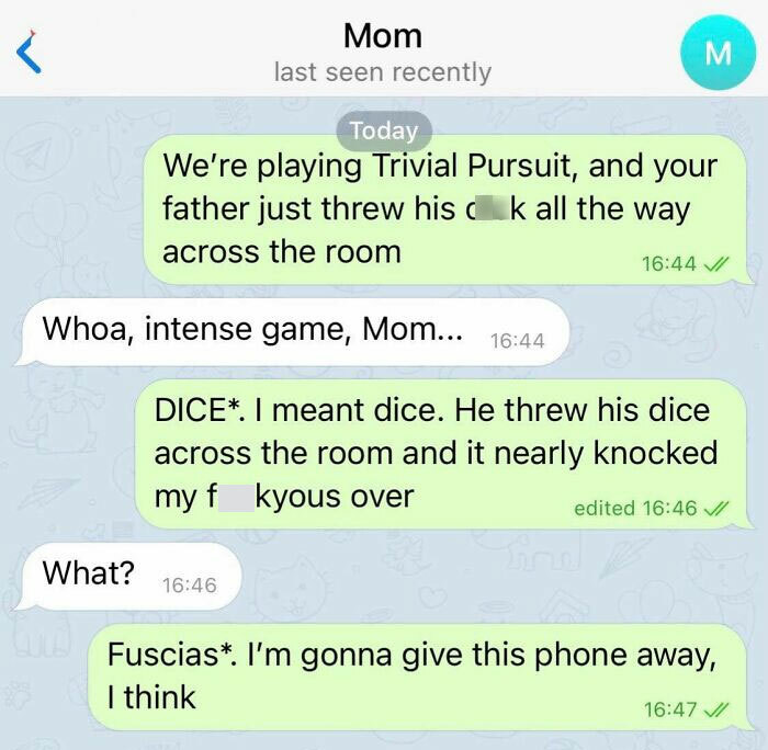 Text message conversation showing autocorrect errors causing humorous misunderstandings during a family game night.