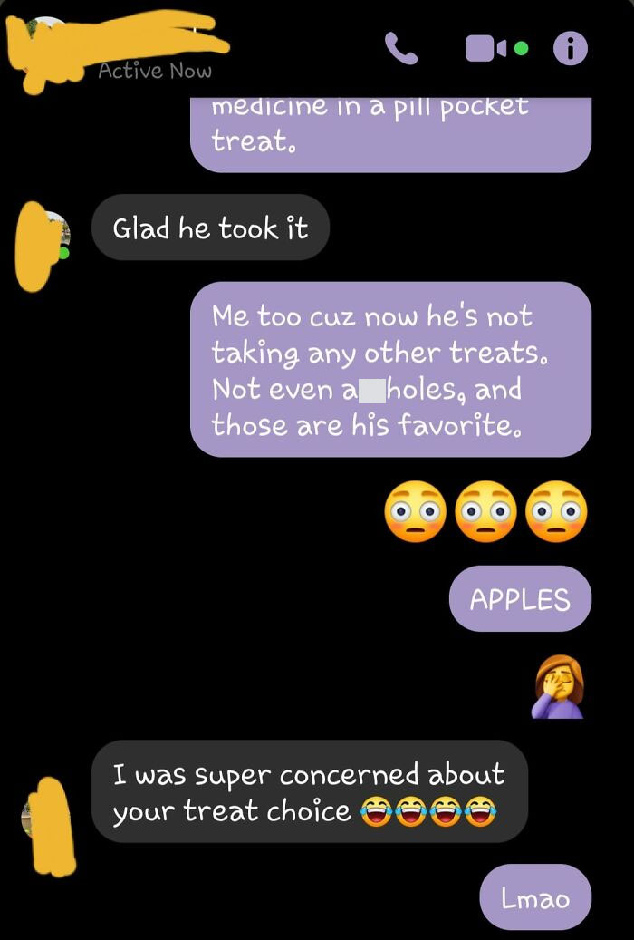 Text message exchange showing autocorrect fail with funny confusion over the word treats causing amusement and emojis.
